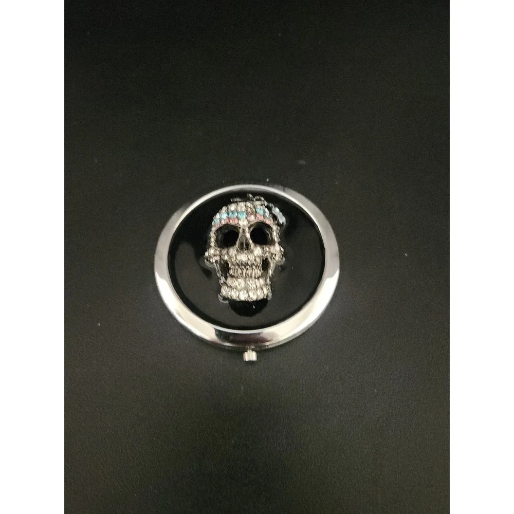 Glossy Black Skull Compact Mirror Rhinestone 3D Double Sided Pre-Owned